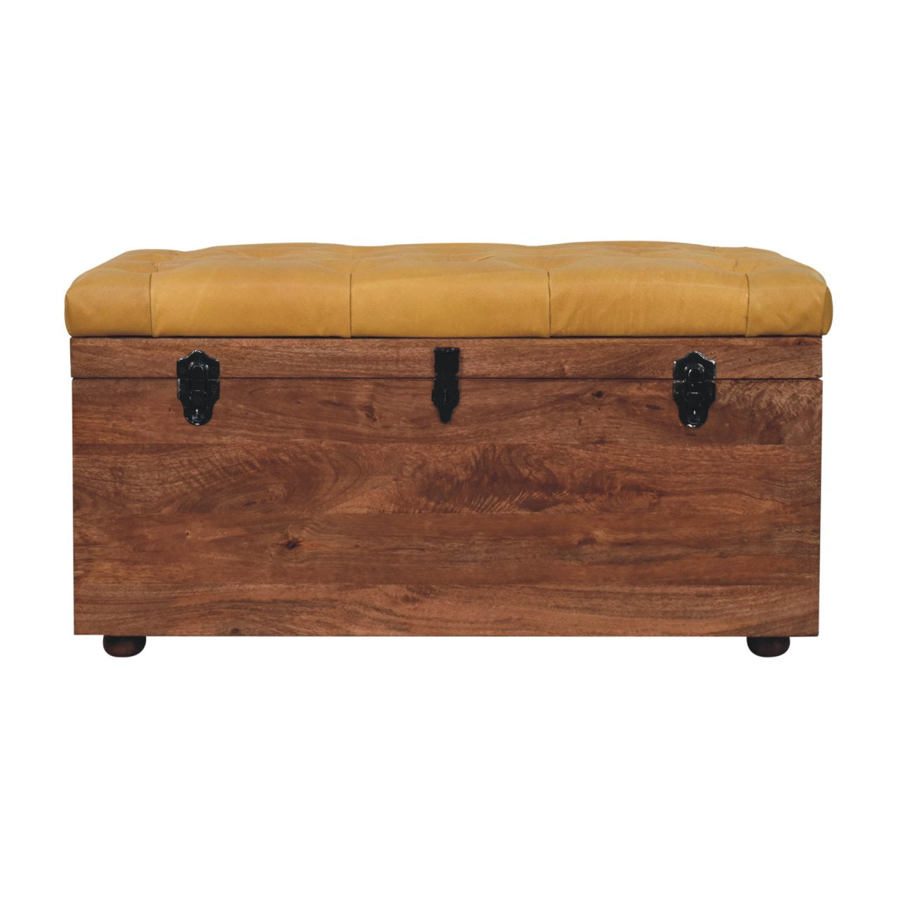 Solid Wood Buffalo Hide Honey Caramel Storage Trunk, Leather Upholstered, Yellow and Brown