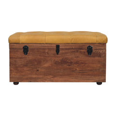 Solid Wood Buffalo Hide Honey Caramel Storage Trunk, Leather Upholstered, Yellow and Brown