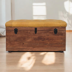 Solid Wood Buffalo Hide Honey Caramel Storage Trunk, Leather Upholstered, Yellow and Brown