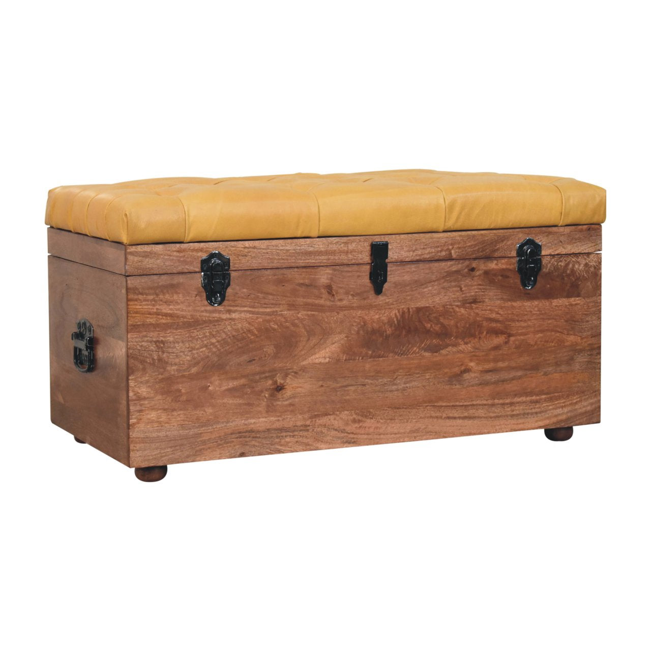 Solid Wood Buffalo Hide Honey Caramel Storage Trunk, Leather Upholstered, Yellow and Brown