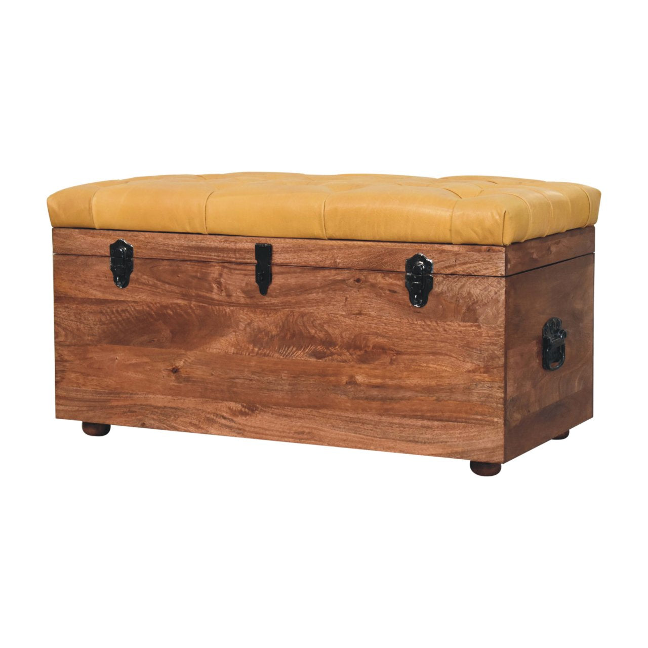 Solid Wood Buffalo Hide Honey Caramel Storage Trunk, Leather Upholstered, Yellow and Brown