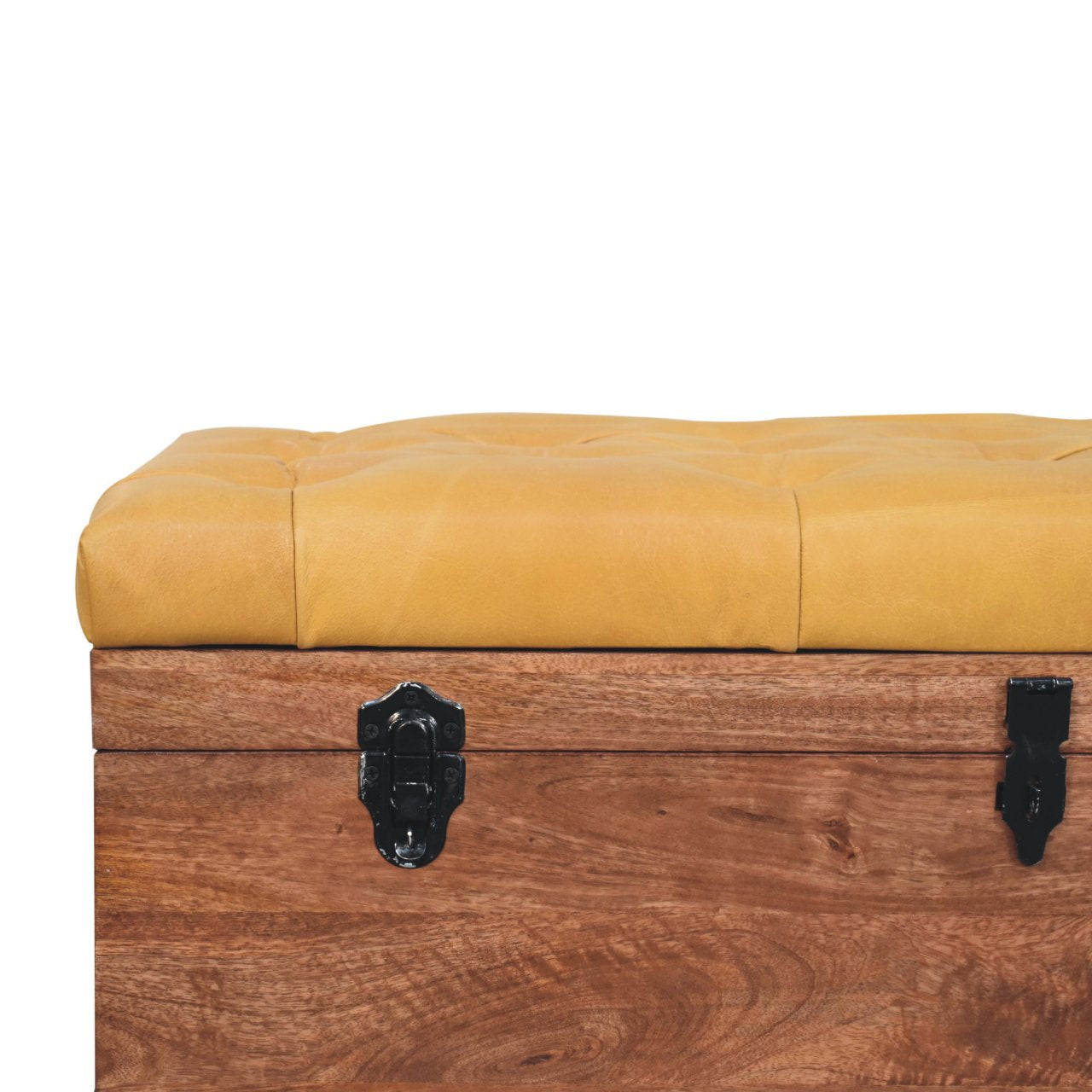 Solid Wood Buffalo Hide Honey Caramel Storage Trunk, Leather Upholstered, Yellow and Brown