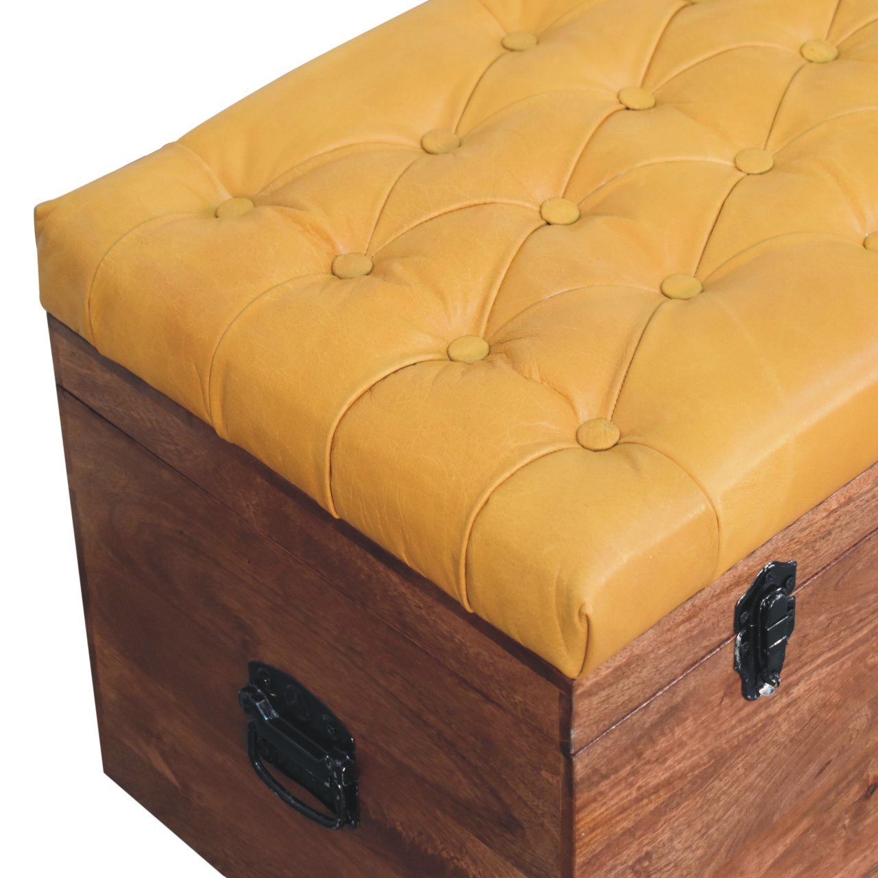 Solid Wood Buffalo Hide Honey Caramel Storage Trunk, Leather Upholstered, Yellow and Brown