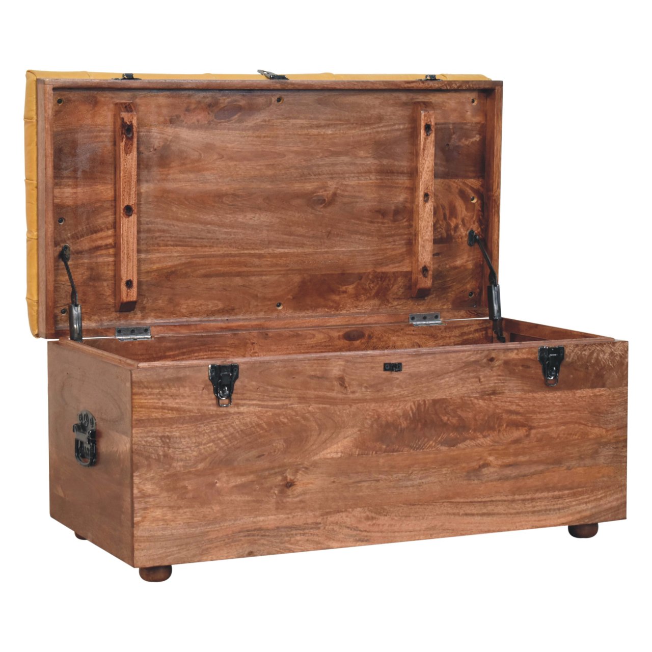 Solid Wood Buffalo Hide Honey Caramel Storage Trunk, Leather Upholstered, Yellow and Brown