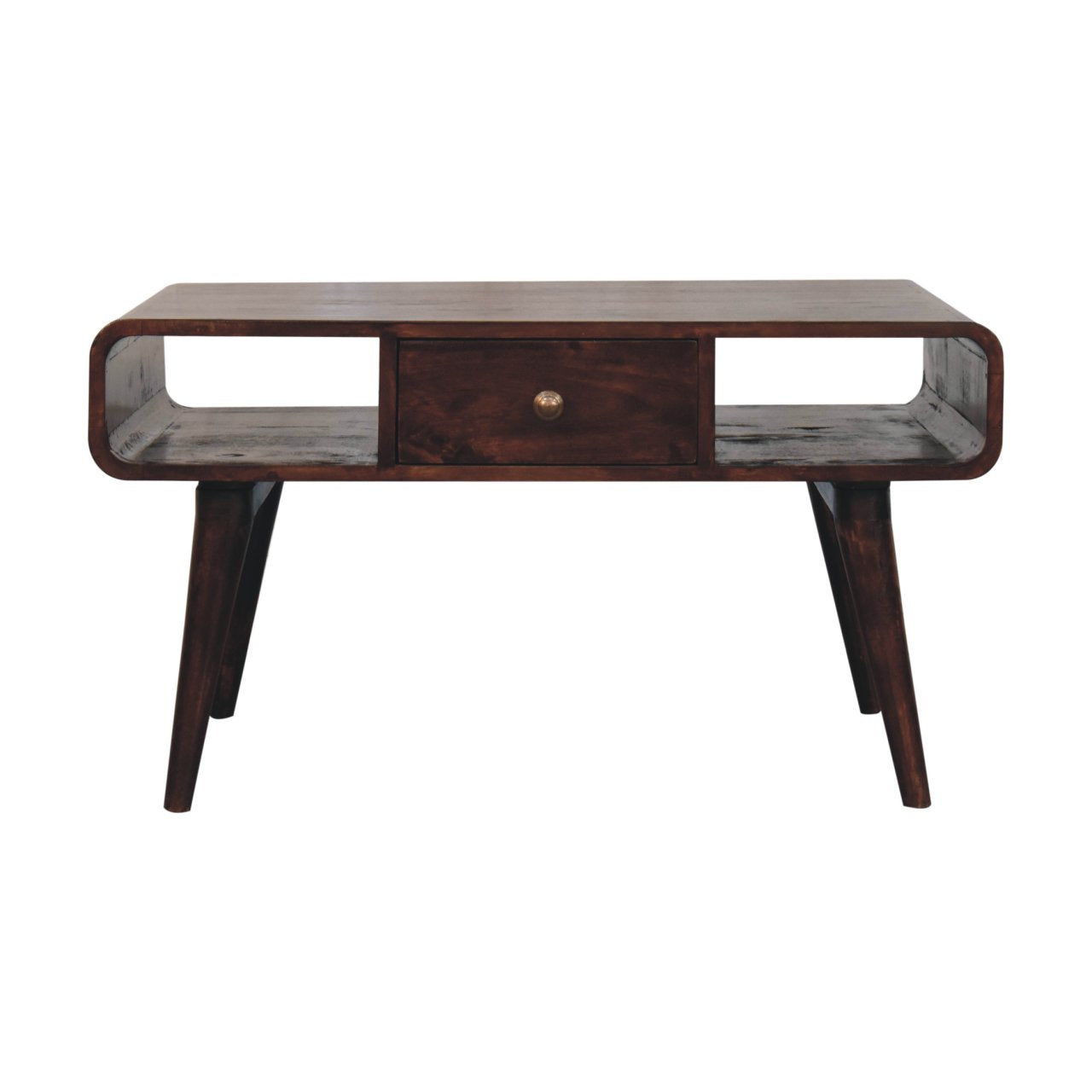 Solid Wood Curved California Walnut Coffee Table, 2-Drawers, 2 Shelves, Nordic Legs, Dark Brown