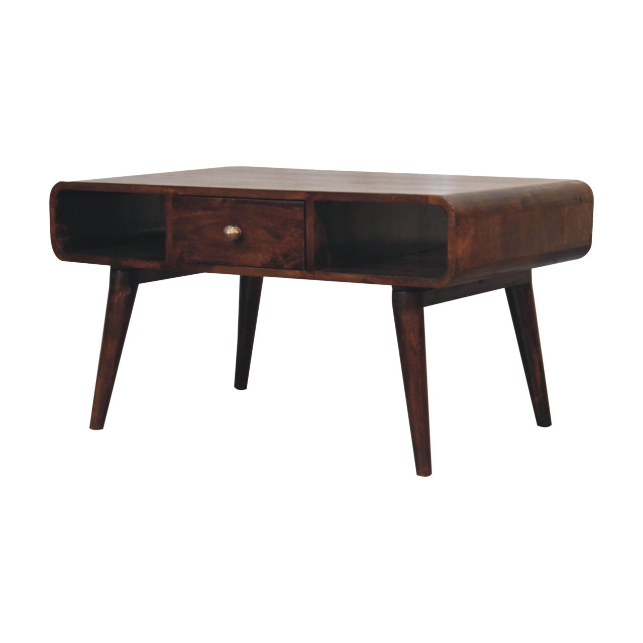Solid Wood Curved California Walnut Coffee Table, 2-Drawers, 2 Shelves, Nordic Legs, Dark Brown