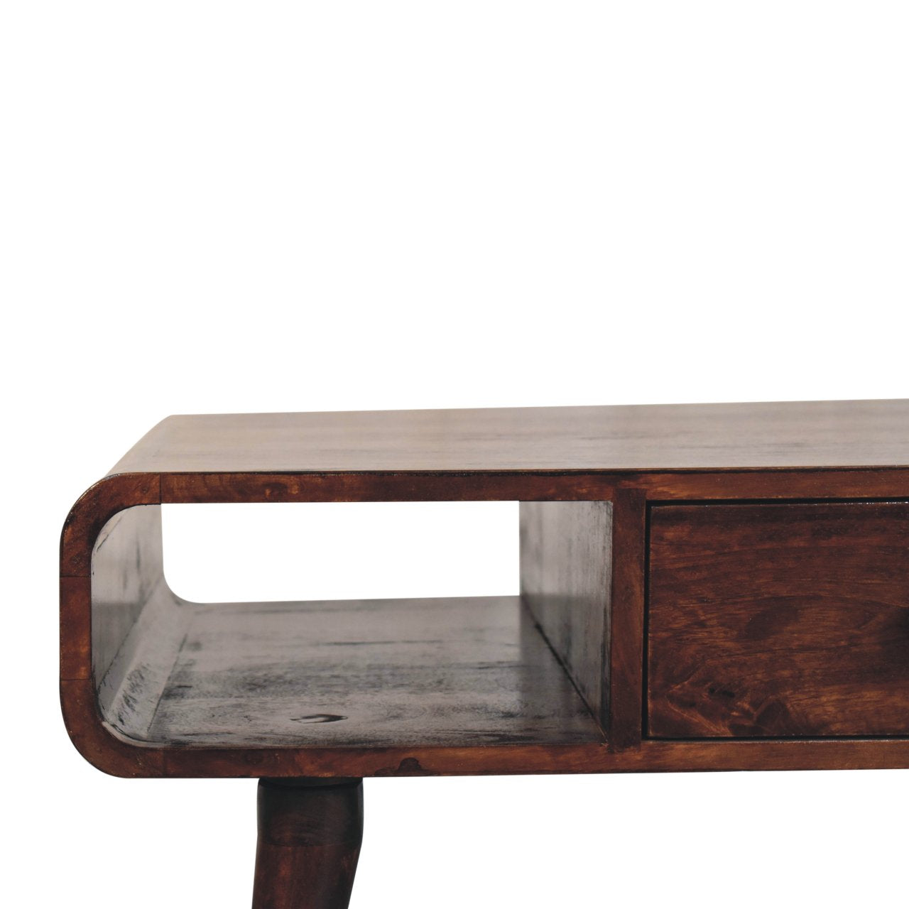 Solid Wood Curved California Walnut Coffee Table, 2-Drawers, 2 Shelves, Nordic Legs, Dark Brown
