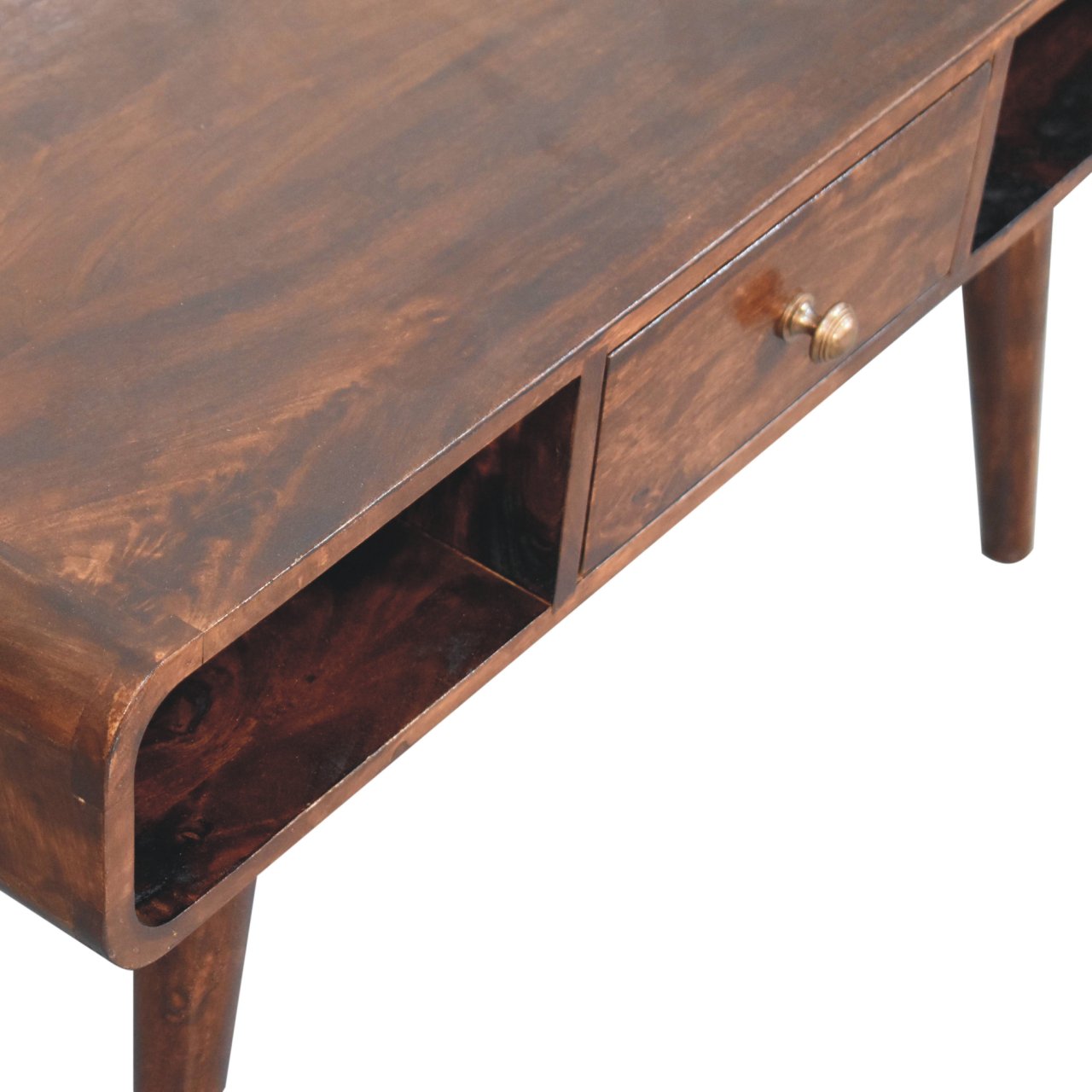 Solid Wood Curved California Walnut Coffee Table, 2-Drawers, 2 Shelves, Nordic Legs, Dark Brown