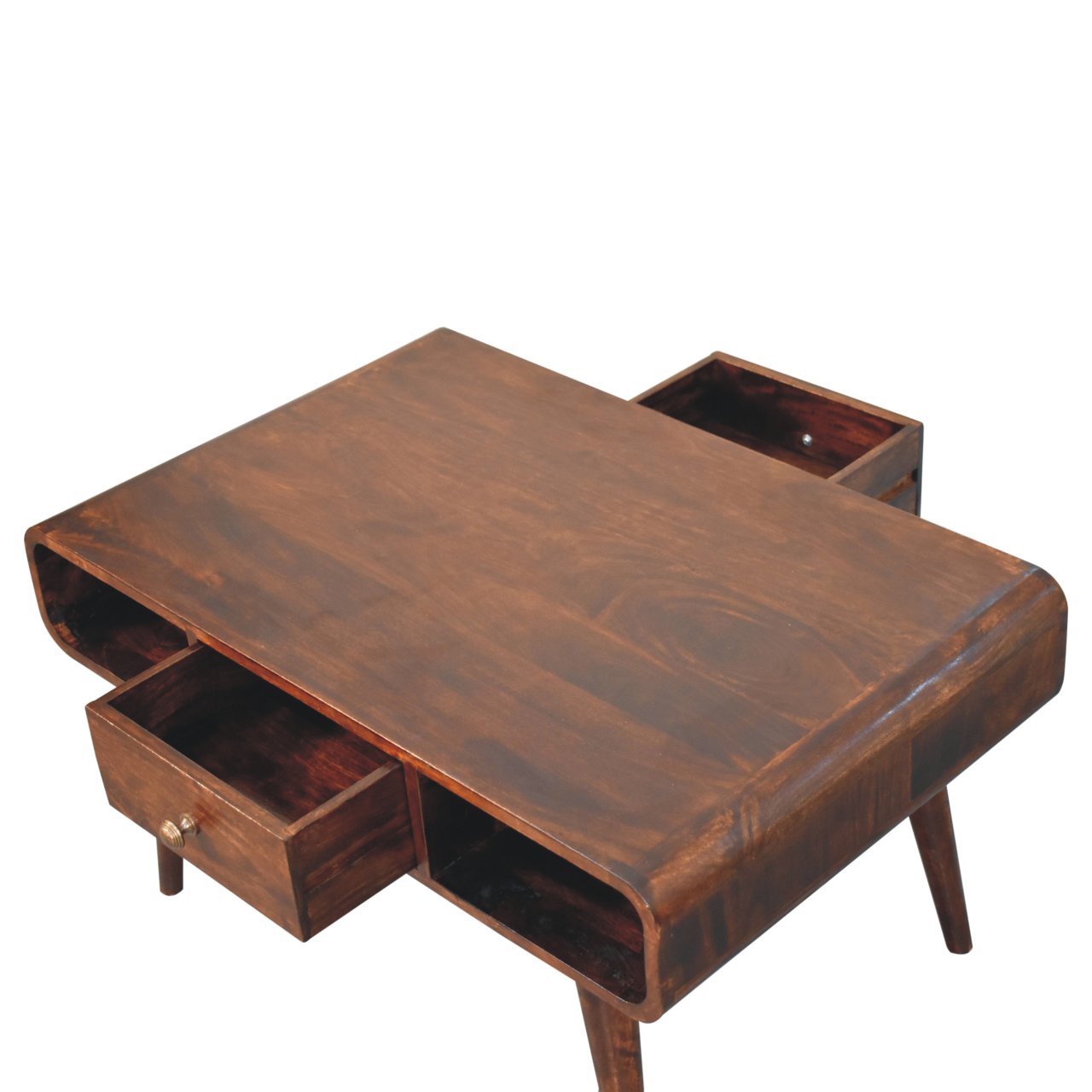Solid Wood Curved California Walnut Coffee Table, 2-Drawers, 2 Shelves, Nordic Legs, Dark Brown