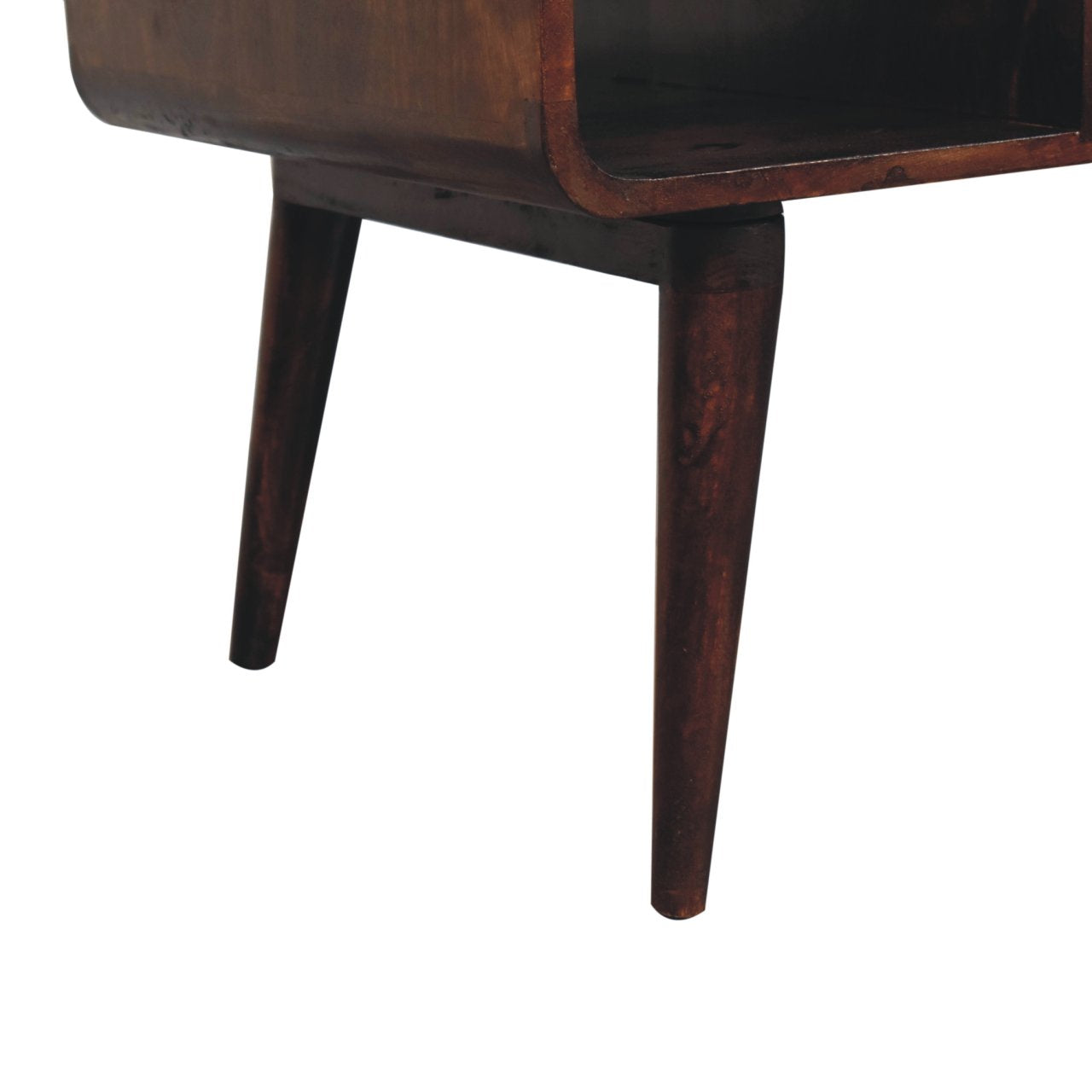 Solid Wood Curved California Walnut Coffee Table, 2-Drawers, 2 Shelves, Nordic Legs, Dark Brown