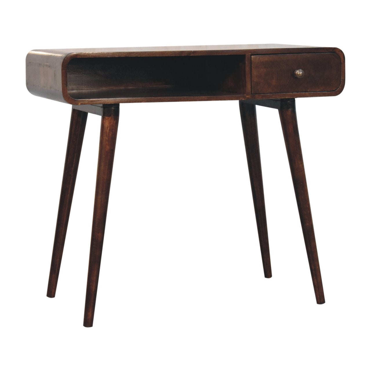 Solid Wood Curved California Walnut Writing Desk, 1-Drawer, 1 Open-Slot, Nordic Legs, Dark Brown