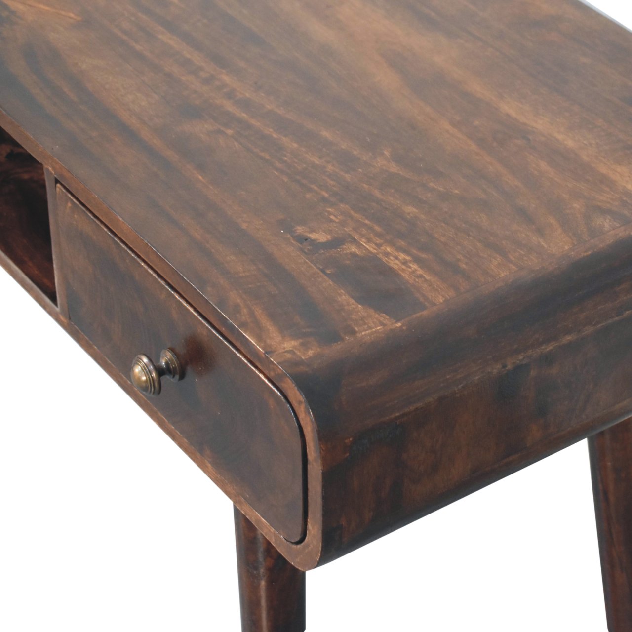 Solid Wood Curved California Walnut Writing Desk, 1-Drawer, 1 Open-Slot, Nordic Legs, Dark Brown