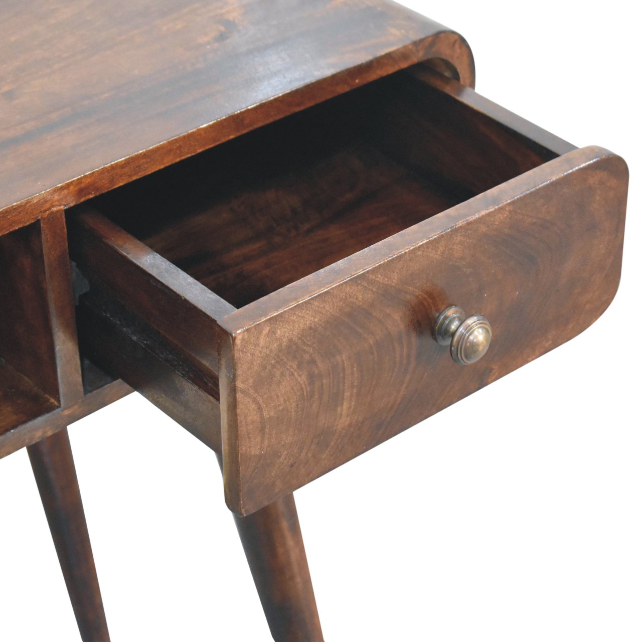 Solid Wood Curved California Walnut Writing Desk, 1-Drawer, 1 Open-Slot, Nordic Legs, Dark Brown