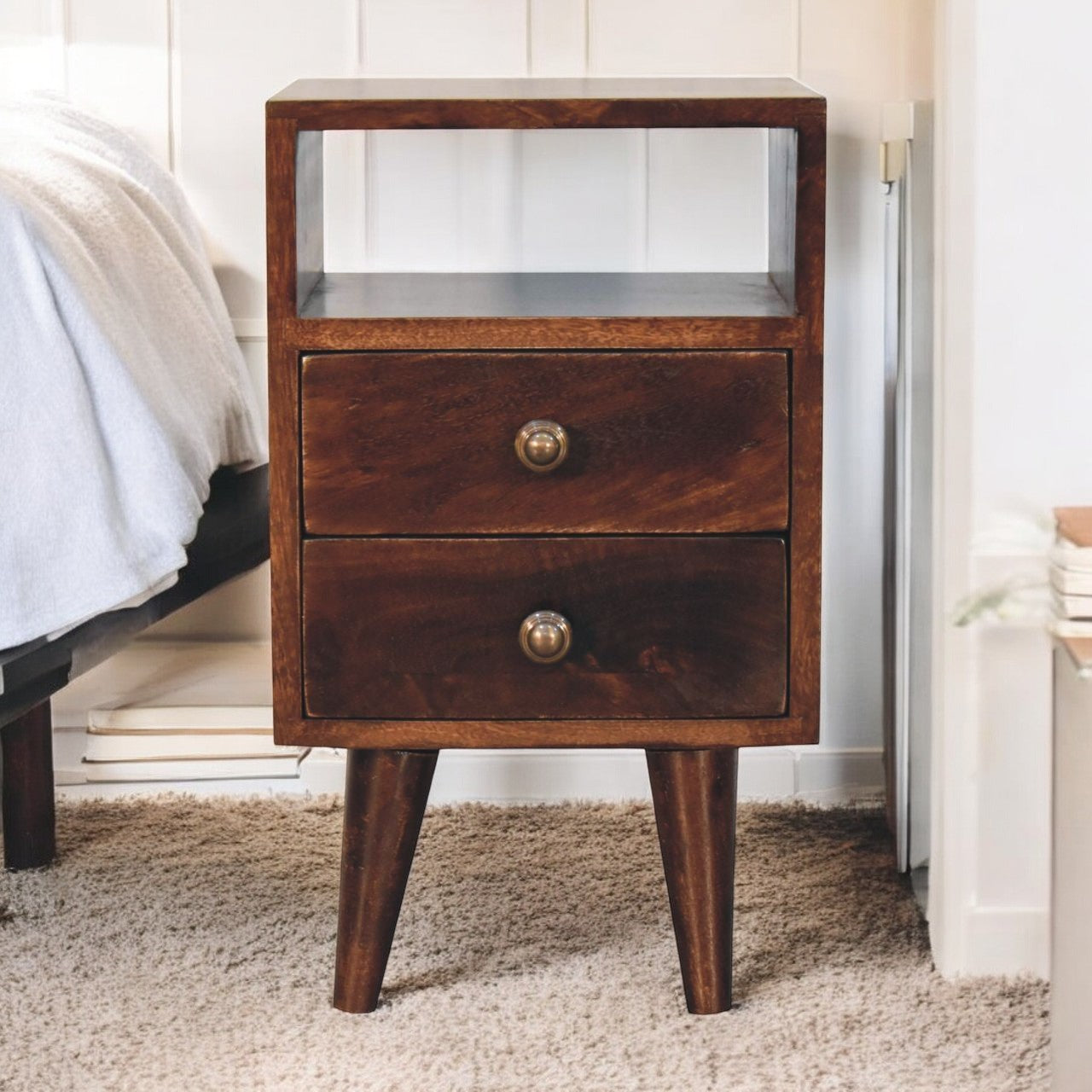 Solid Wood Mini Classic California Walnut Bedside, 2-Drawers, 1 Open Shelf, Nordic Legs, Dark Brown