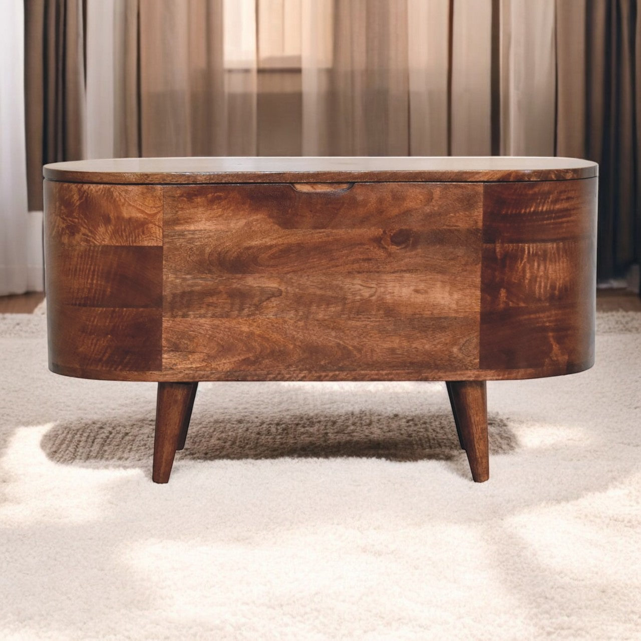 Solid Wood Honey Caramel Rounded Lid-Up Blanket Box, Nordic Legs, Brown