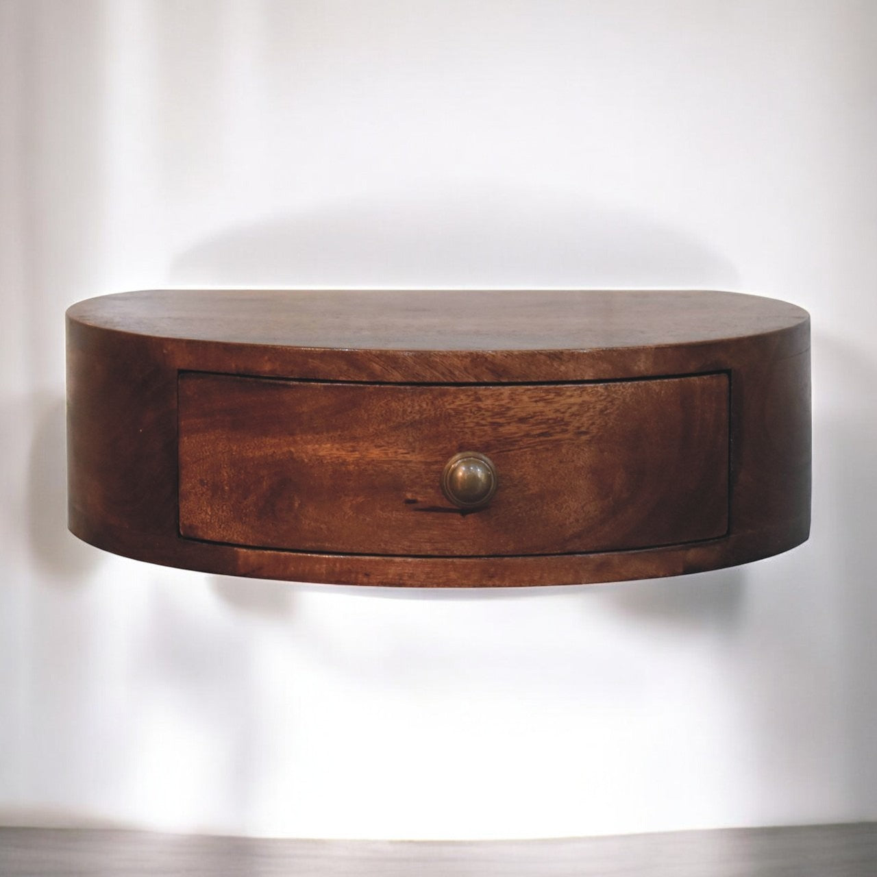 Solid Wood Honey Caramel Wall-Mounted Rounded Bedside, 1-Drawer, Brown