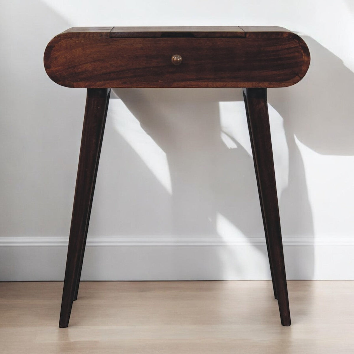 Solid Wood Mini California Walnut Dressing Table with Foldable Mirror, Nordic Legs, Brown