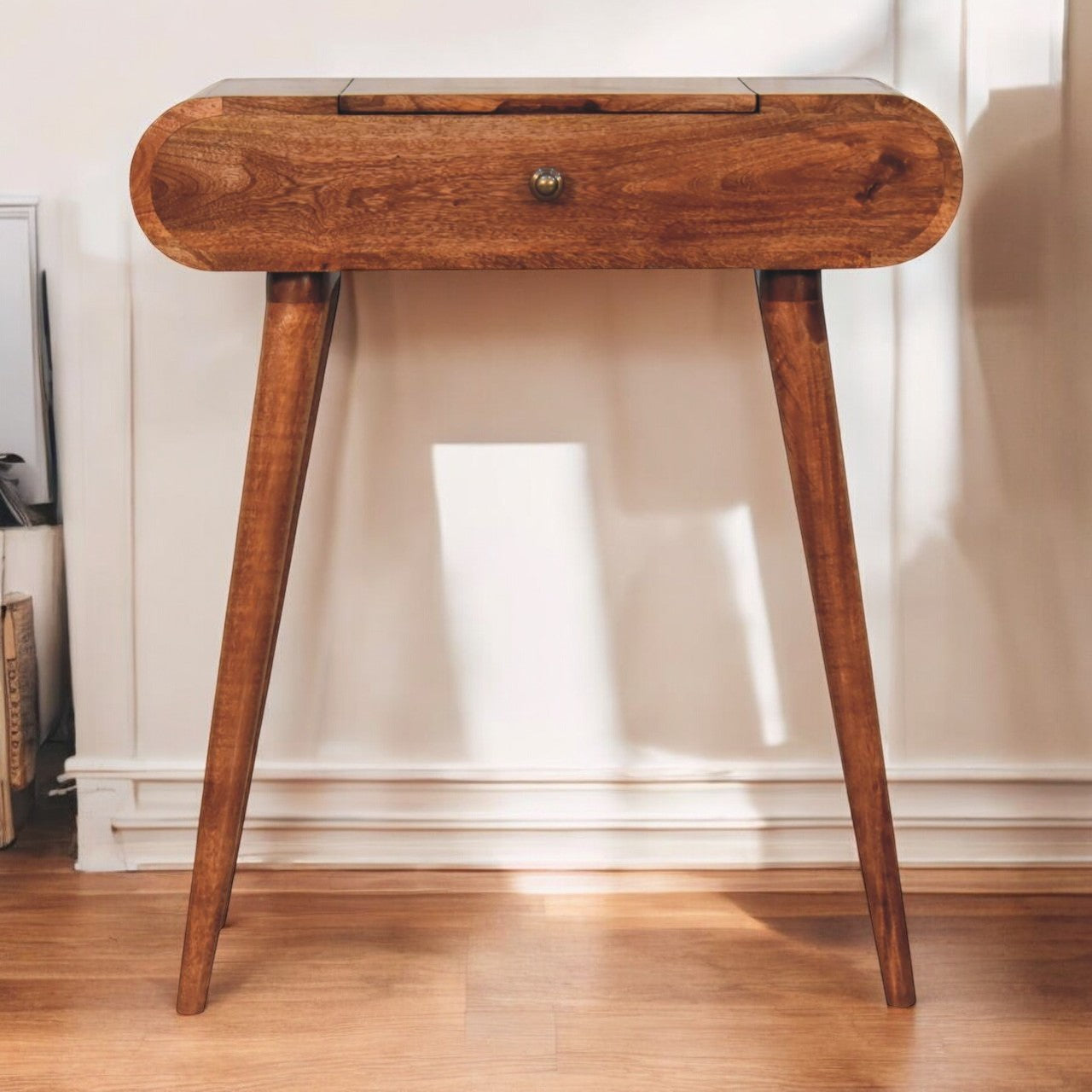 Solid Wood Mini Honey Caramel Dressing Table with Foldable Mirror, Nordic Legs, Light Brown