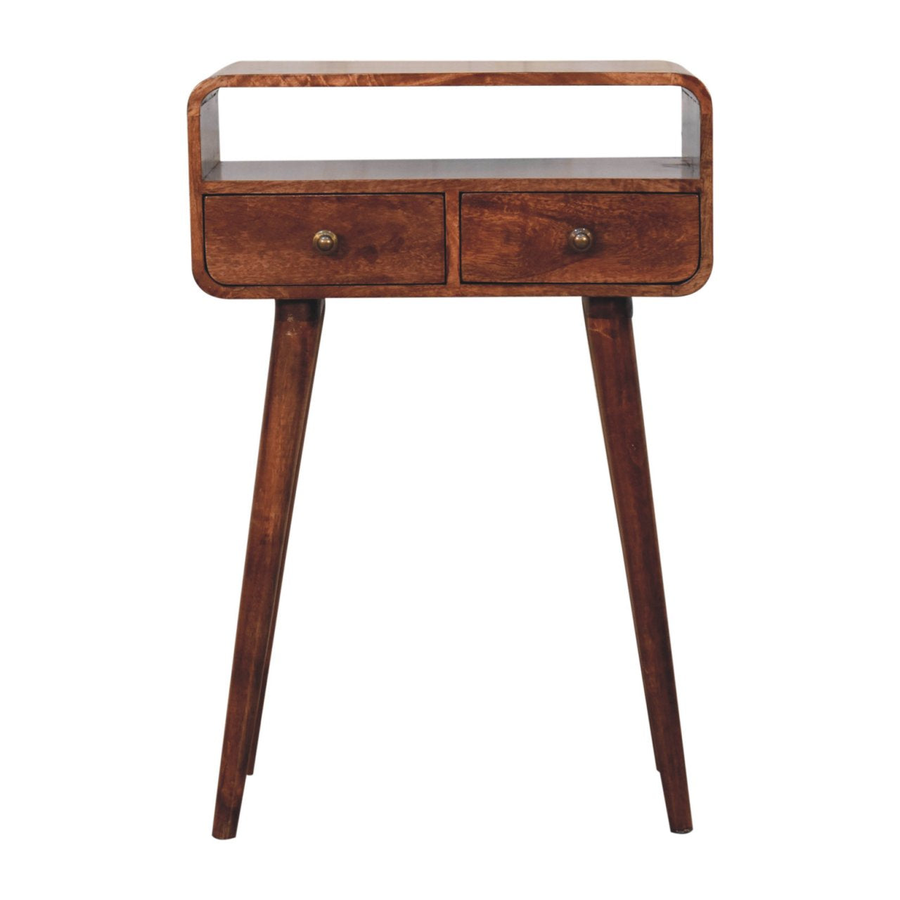 Solid Wood Mini Curved Honey Caramel Console Table, 2-Drawers, Open Slot, Nordic Legs, Brown