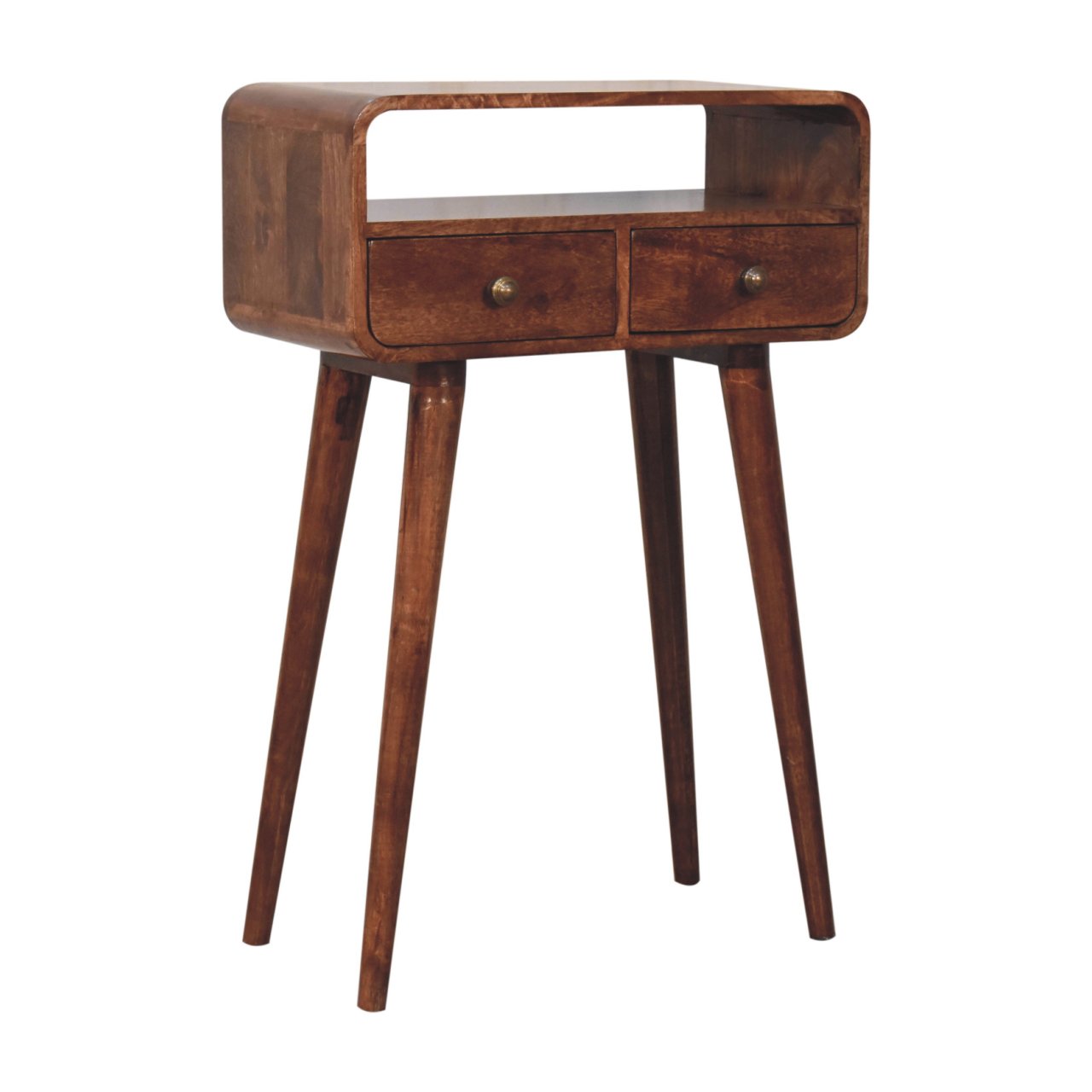 Solid Wood Mini Curved Honey Caramel Console Table, 2-Drawers, Open Slot, Nordic Legs, Brown