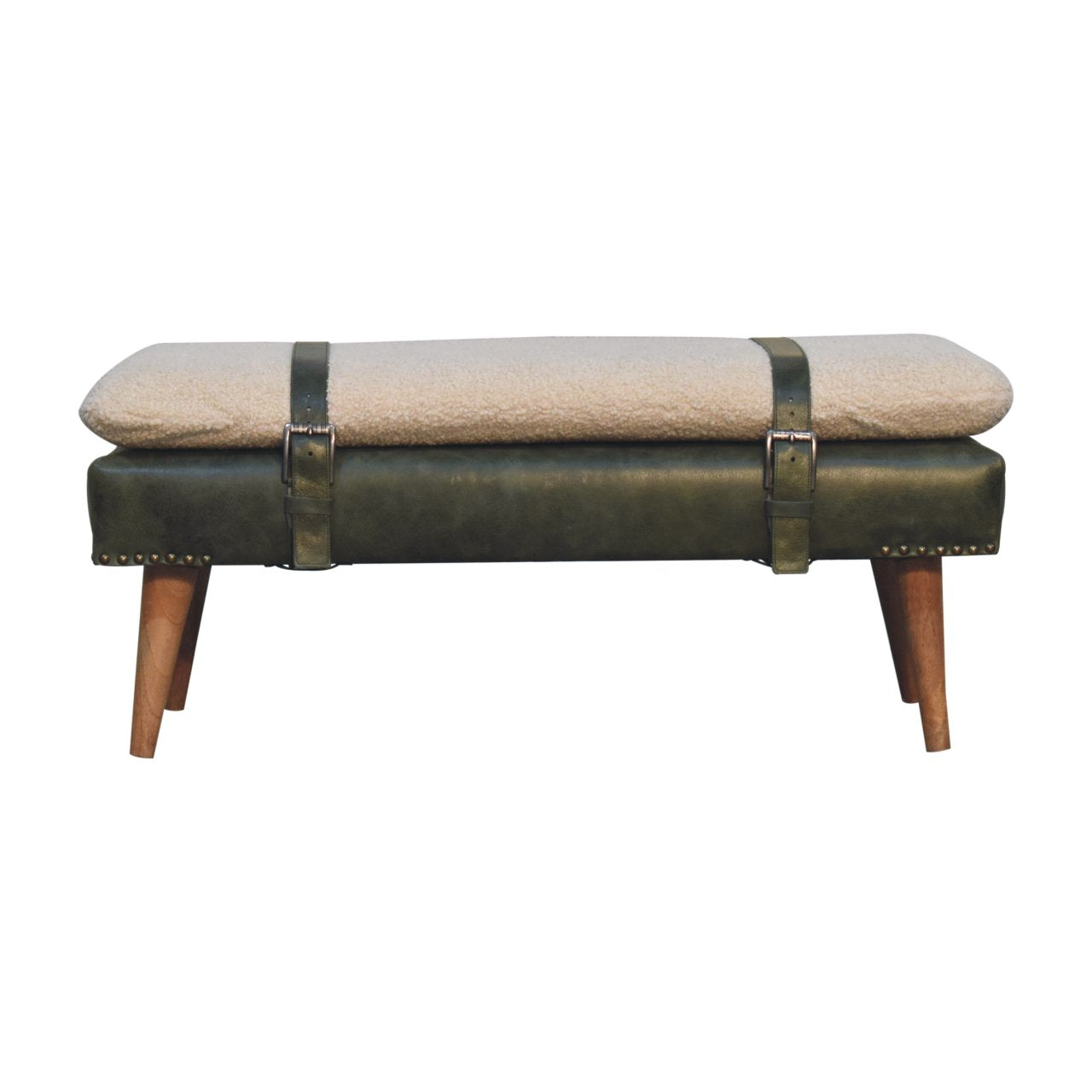 Bouclé Buffalo Hide Olive Green Leather Bench, Nordic Legs,