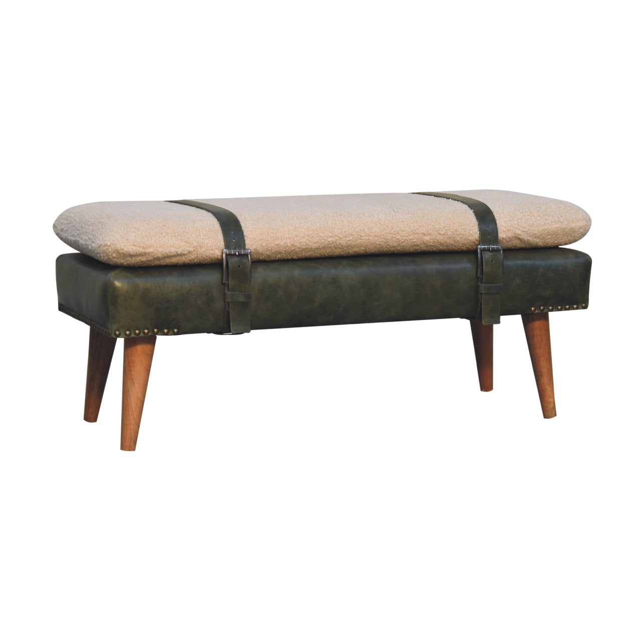Bouclé Buffalo Hide Olive Green Leather Bench, Nordic Legs,