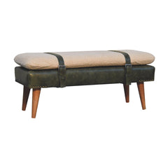 Bouclé Buffalo Hide Olive Green Leather Bench, Nordic Legs,