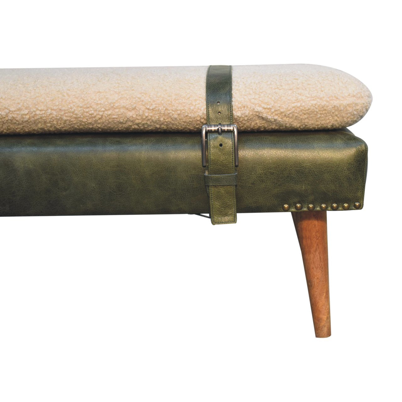 Bouclé Buffalo Hide Olive Green Leather Bench, Nordic Legs,