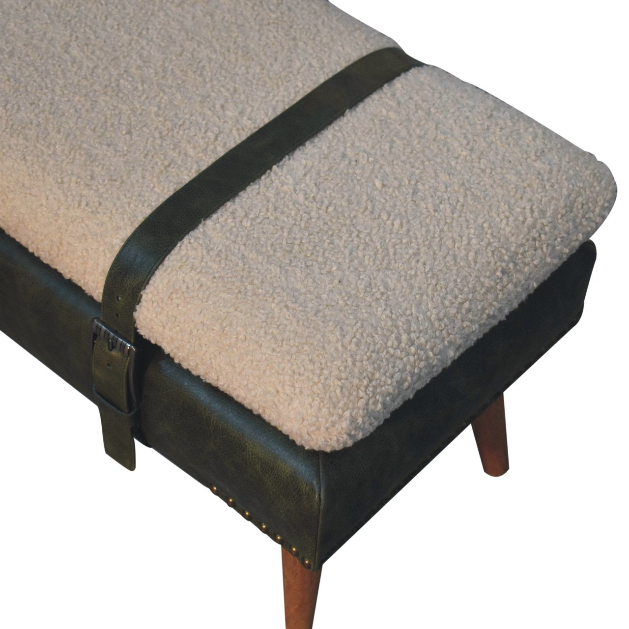 Bouclé Buffalo Hide Olive Green Leather Bench, Nordic Legs,