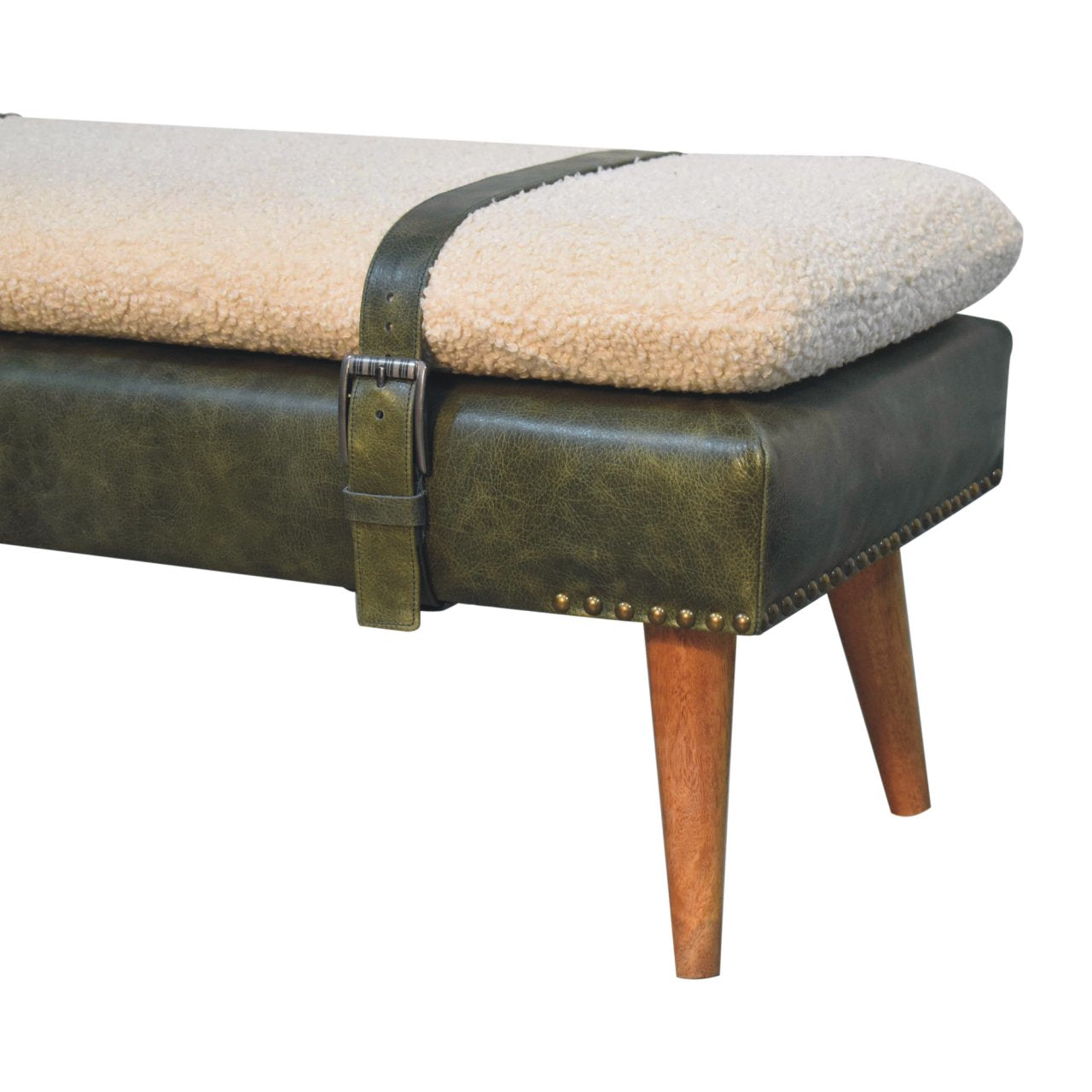 Bouclé Buffalo Hide Olive Green Leather Bench, Nordic Legs,