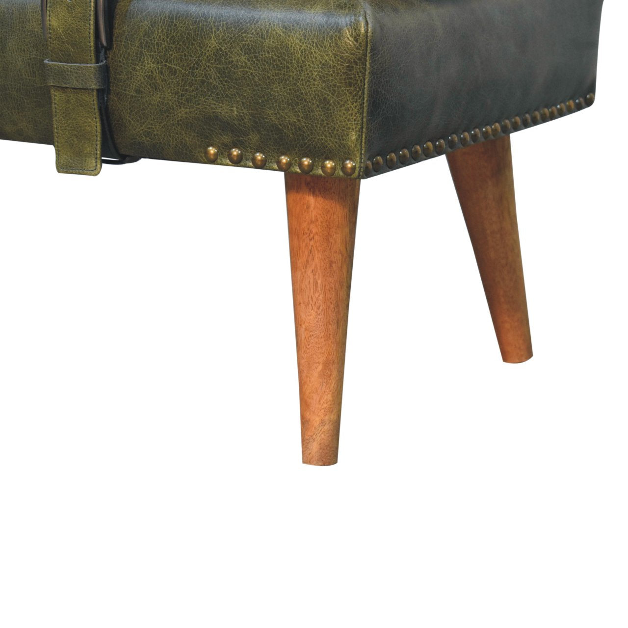 Bouclé Buffalo Hide Olive Green Leather Bench, Nordic Legs,