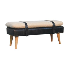 Bouclé Buffalo Hide Black Leather Bench Upholstered, Nordic Legs, Beige and Black