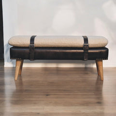 Bouclé Buffalo Hide Black Leather Bench Upholstered, Nordic Legs, Beige and Black