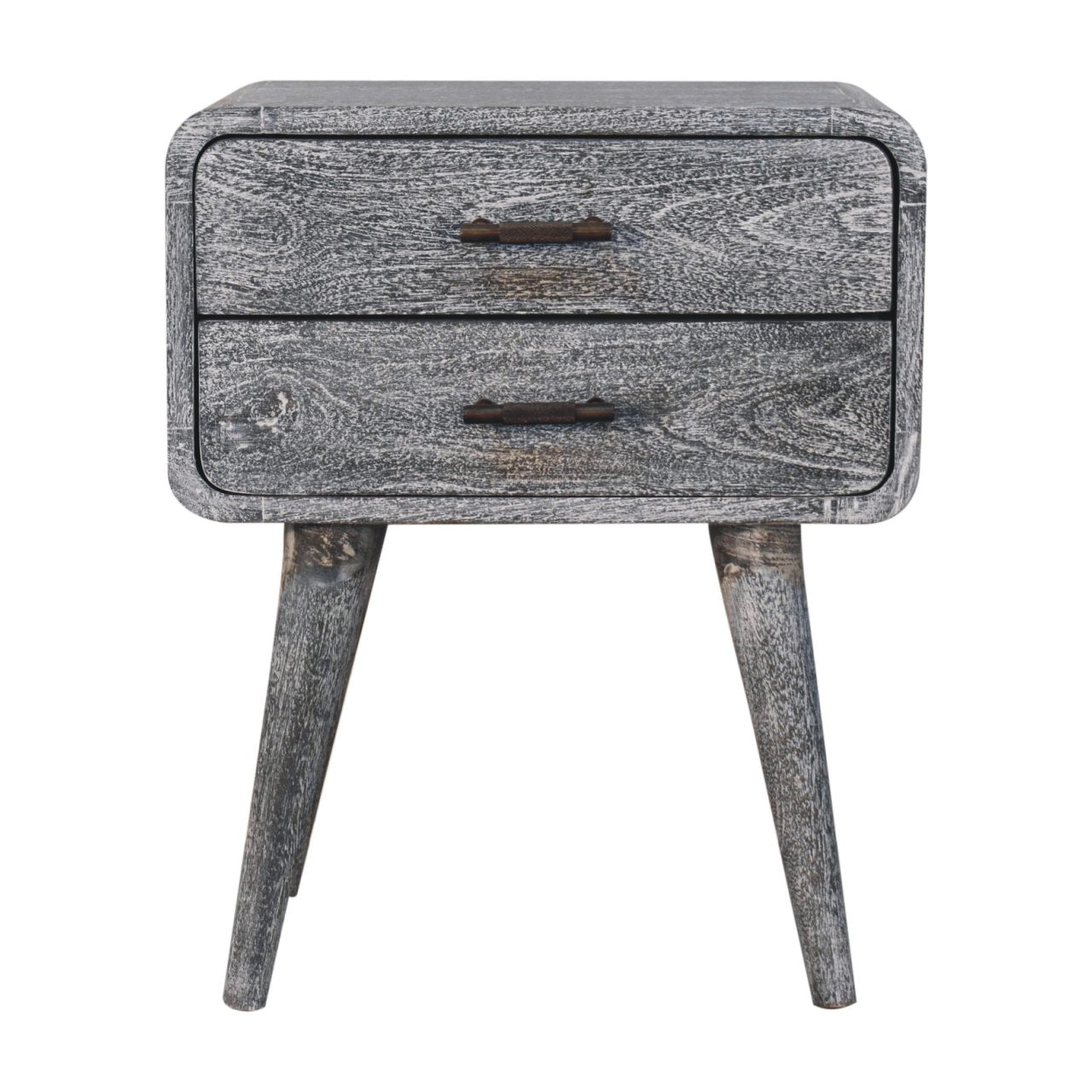 Solid Wood Sandblasted Ash Curved Bedside, 2-Drawers, Gray