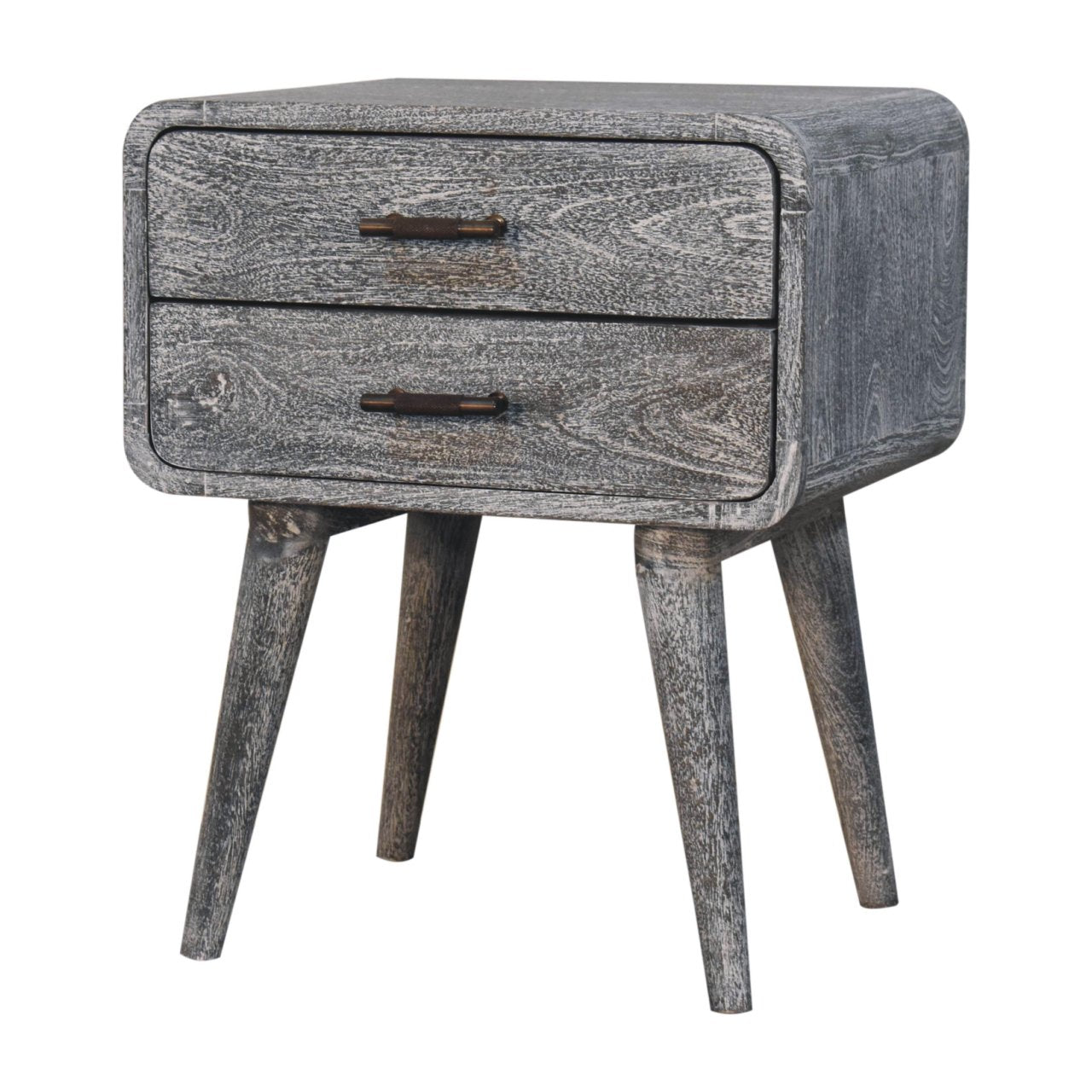 Solid Wood Sandblasted Ash Curved Bedside, 2-Drawers, Gray