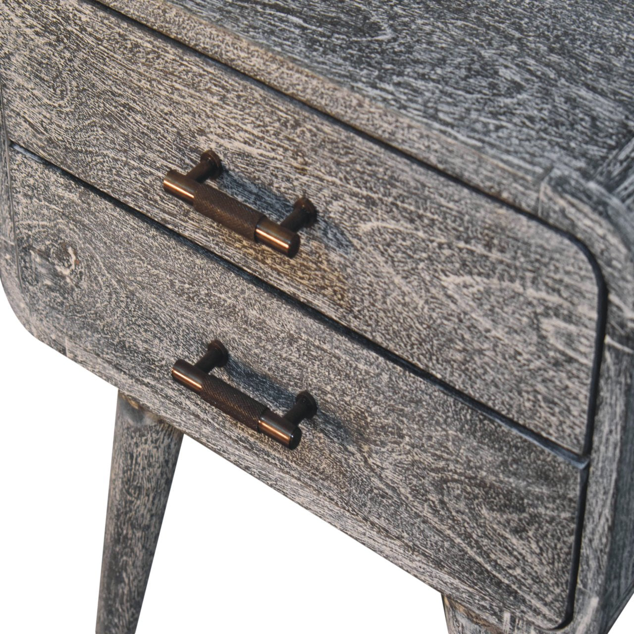 Solid Wood Sandblasted Ash Curved Bedside, 2-Drawers, Gray