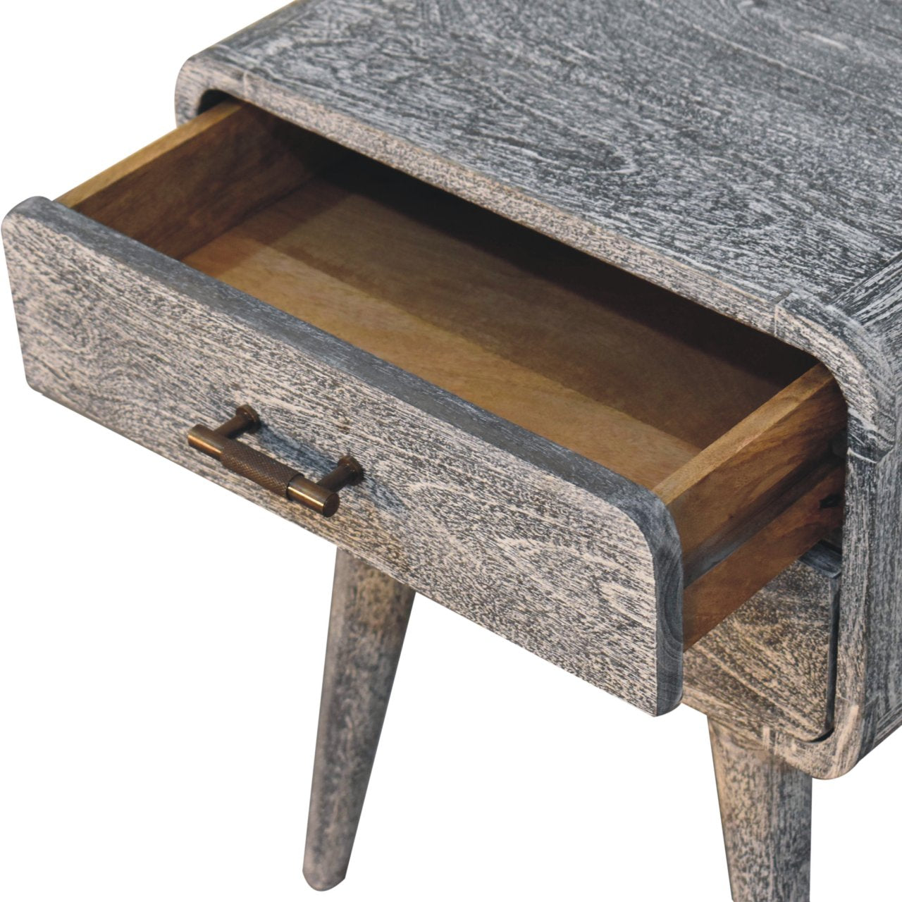 Solid Wood Sandblasted Ash Curved Bedside, 2-Drawers, Gray