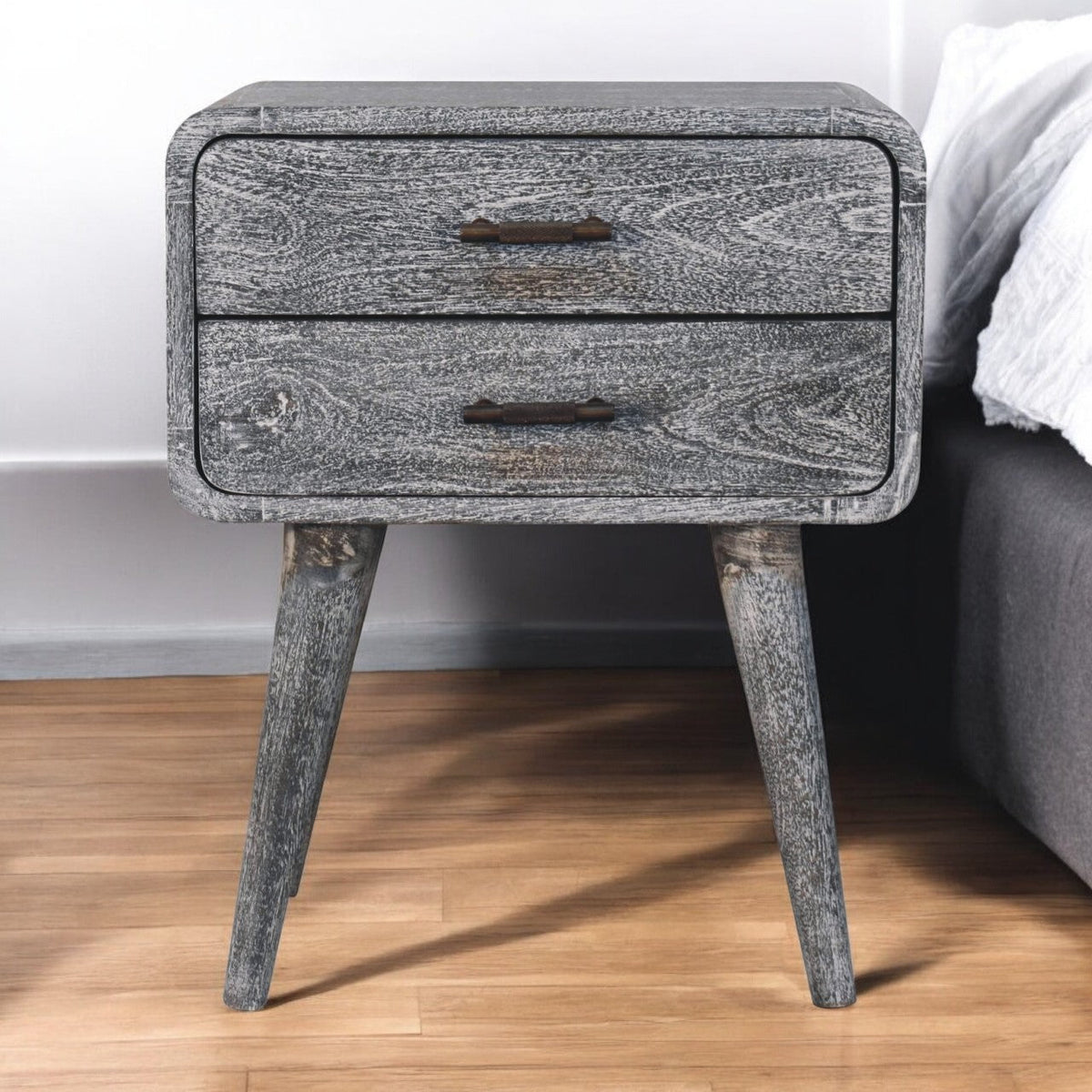 Solid Wood Sandblasted Ash Curved Bedside, 2-Drawers, Gray