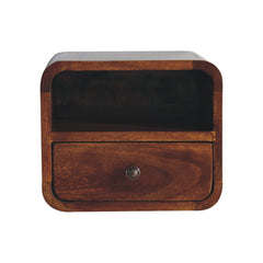 Extra Mini Wall-Mounted Curved Chestnut Nightstand, Open Slot, 1-Drawer