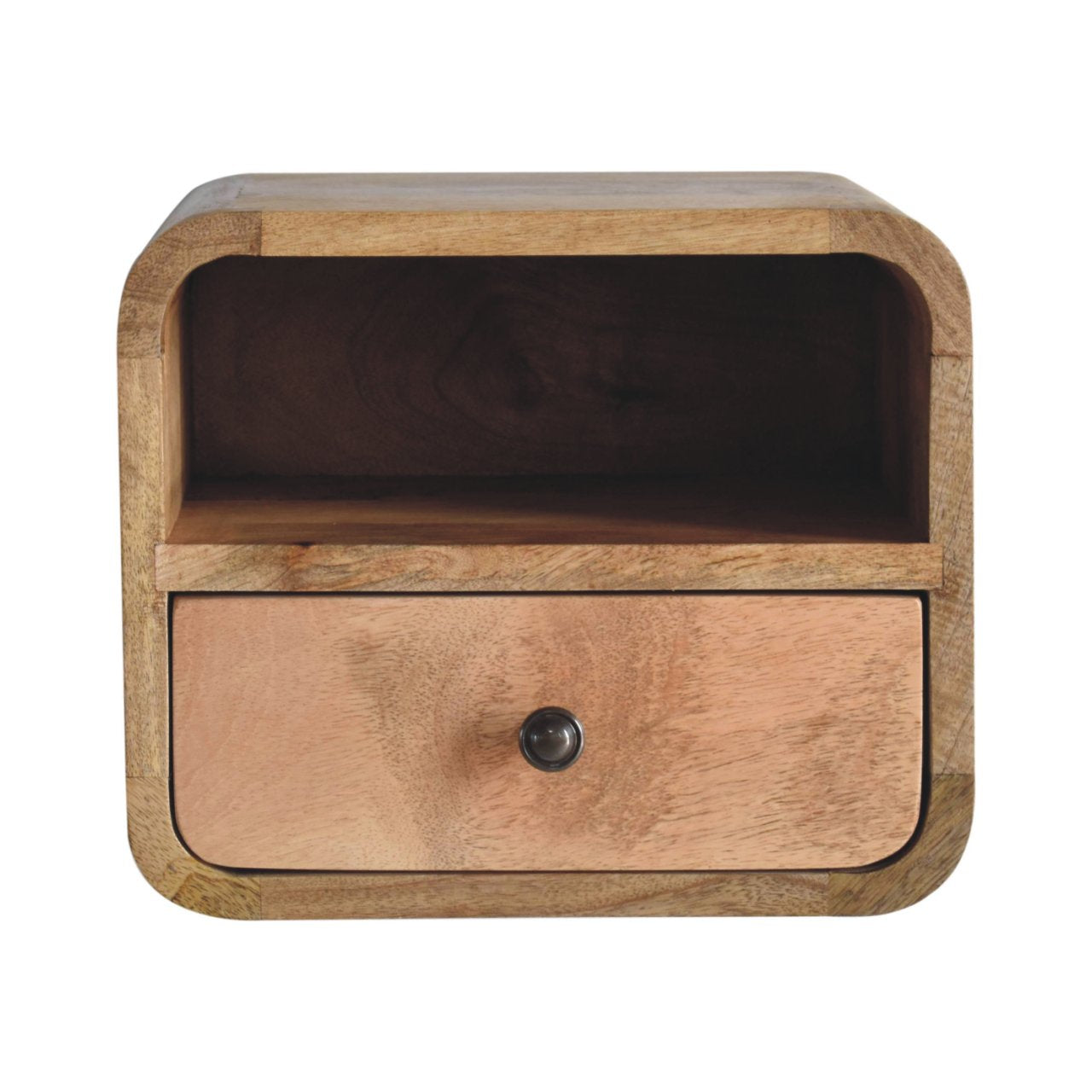 Extra Mini Wall-Mounted Curved Oak-ish Nightstand with Open Slot, 1-Drawer, Light Brown
