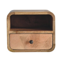 Extra Mini Wall-Mounted Curved Oak-ish Nightstand with Open Slot, 1-Drawer, Light Brown