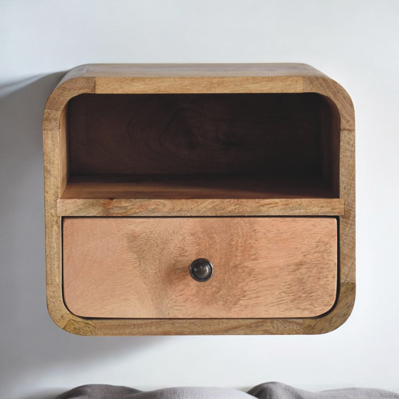 Extra Mini Wall-Mounted Curved Oak-ish Nightstand with Open Slot, 1-Drawer, Light Brown
