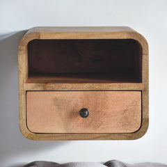 Extra Mini Wall-Mounted Curved Oak-ish Nightstand with Open Slot, 1-Drawer, Light Brown