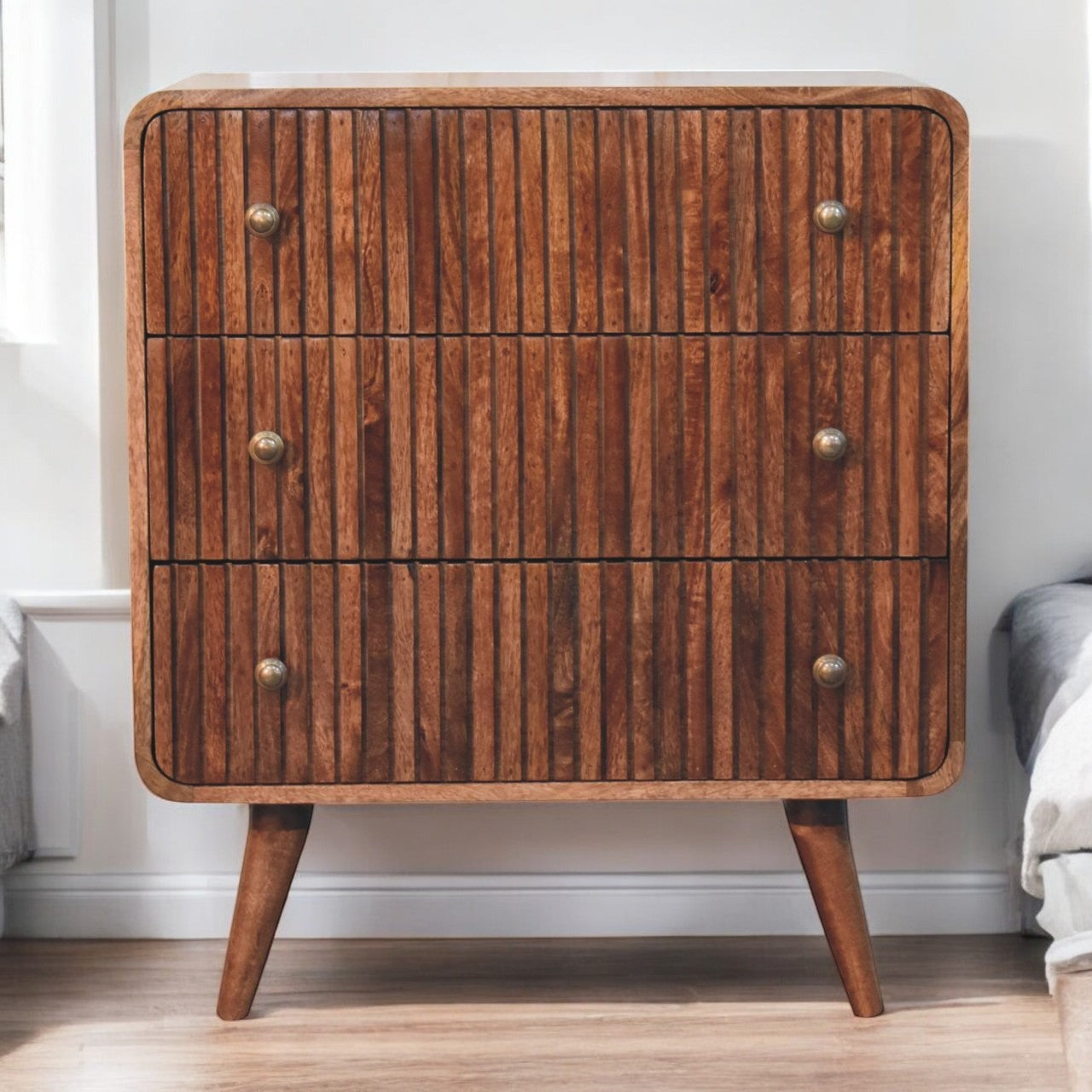 Solid Wood Honey Caramel T-Bar Ridged Chest, 3-Drawer, Brown