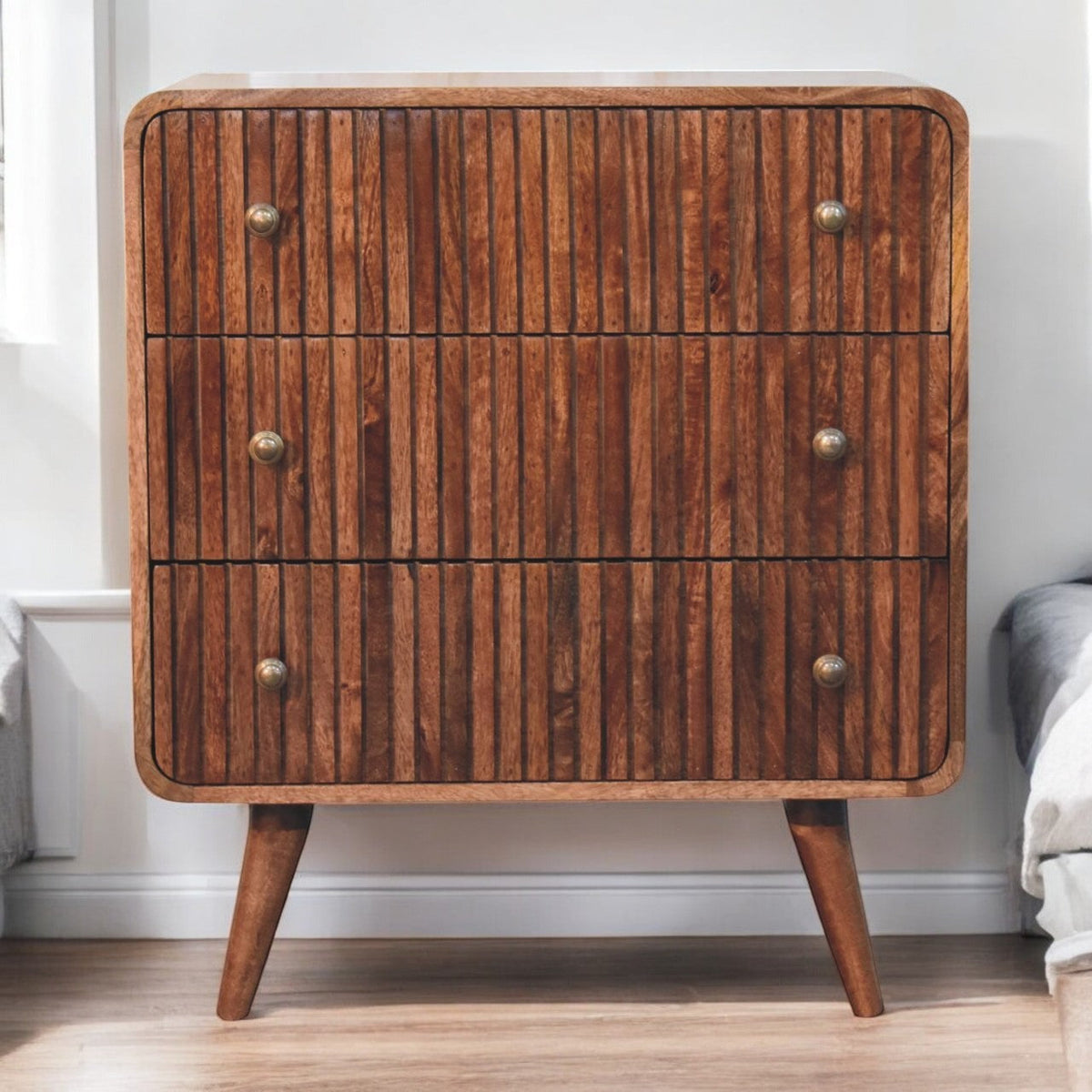 Solid Wood Honey Caramel T-Bar Ridged Chest, 3-Drawer, Brown