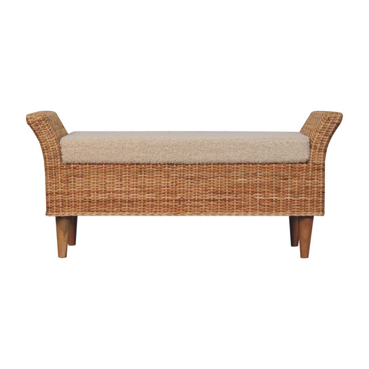 Solid Wood Riviera Woven Bench, Upholstered, Beige and Light Brown