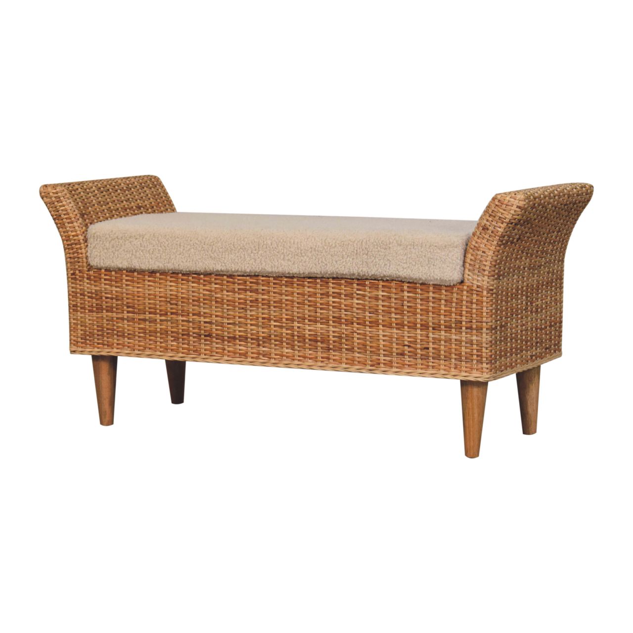 Solid Wood Riviera Woven Bench, Upholstered, Beige and Light Brown