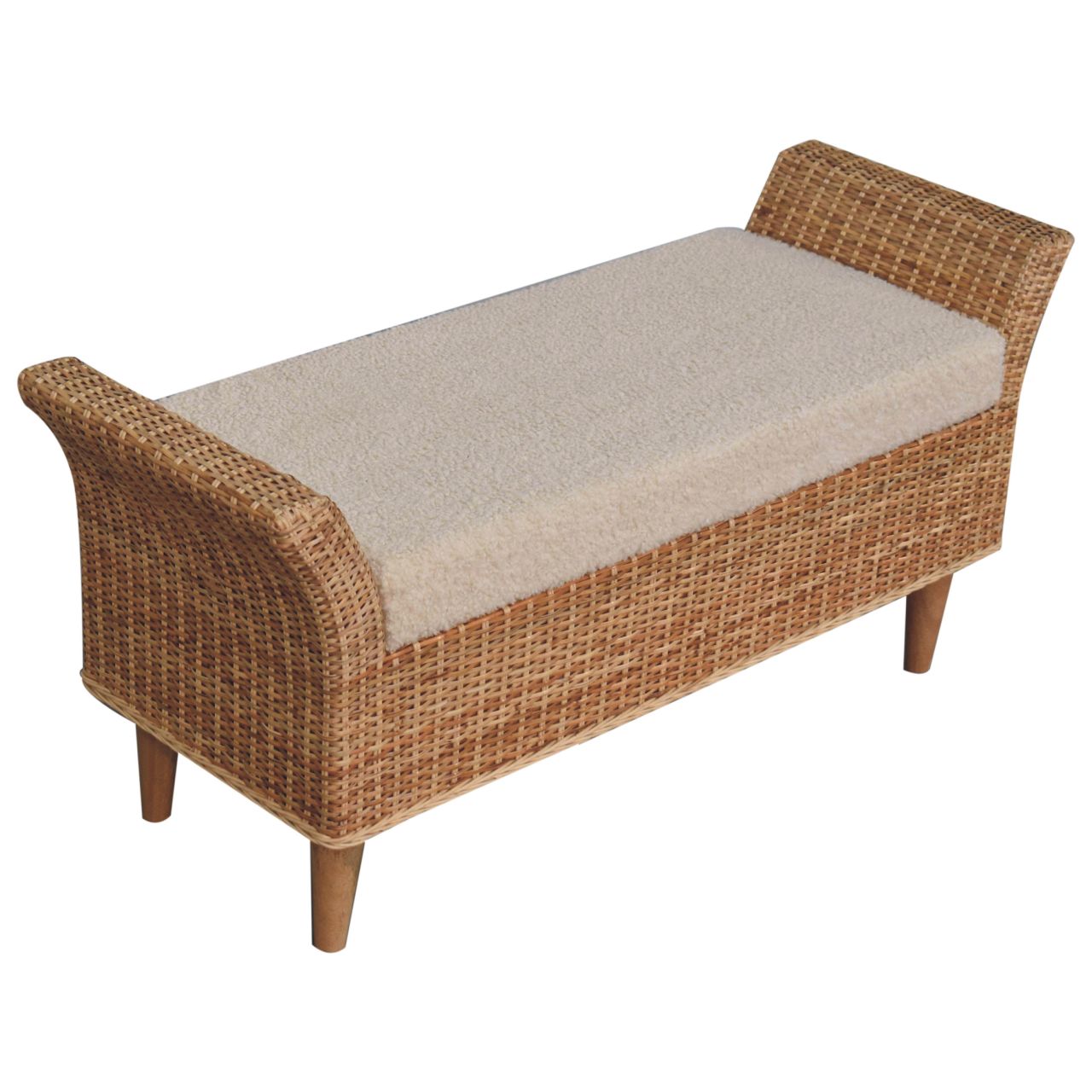 Solid Wood Riviera Woven Bench, Upholstered, Beige and Light Brown