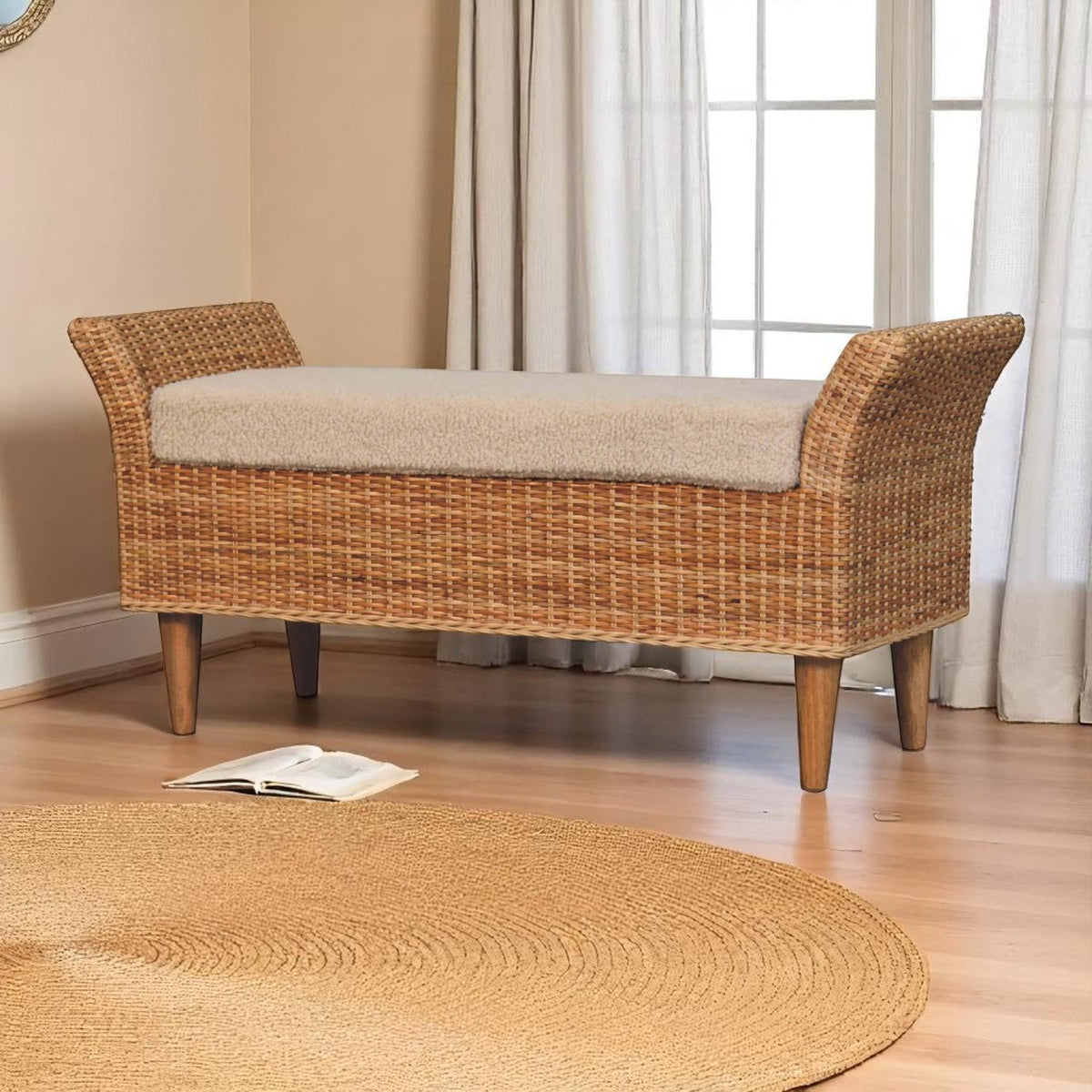 Solid Wood Riviera Woven Bench, Upholstered, Beige and Light Brown