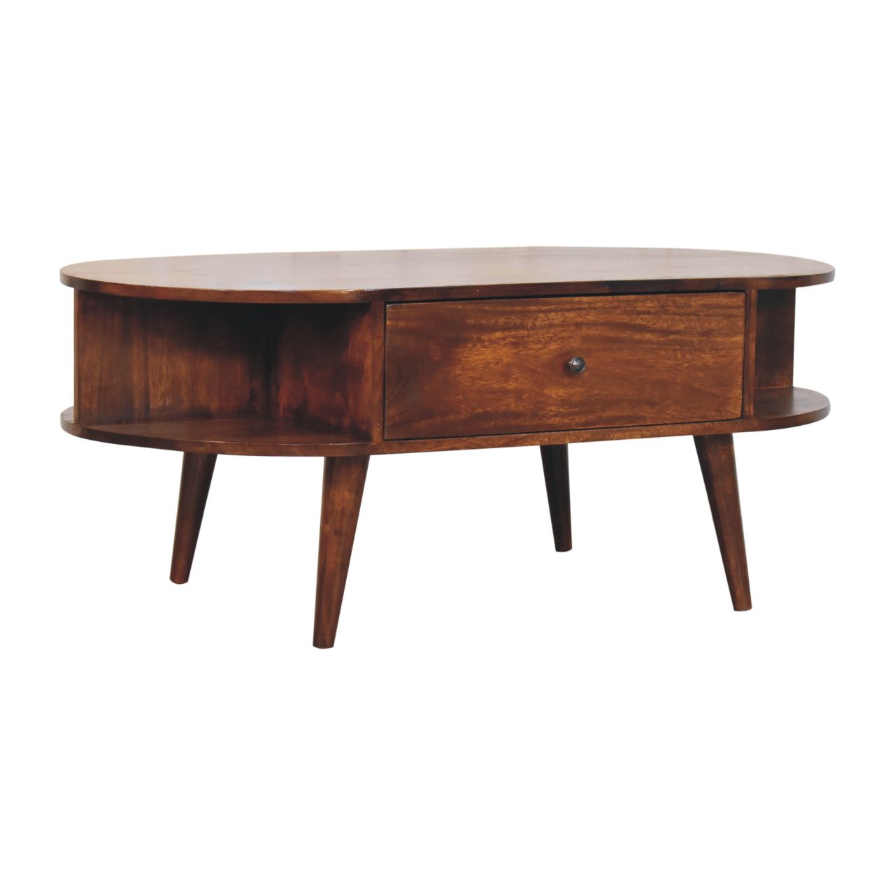Solid Wood Oval Coffee Table with 2-Drawes, 4 Open Compartments, Chestnut, Dark Brown